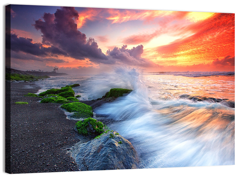 Ocean Waves Under Burning Sky Wall Art