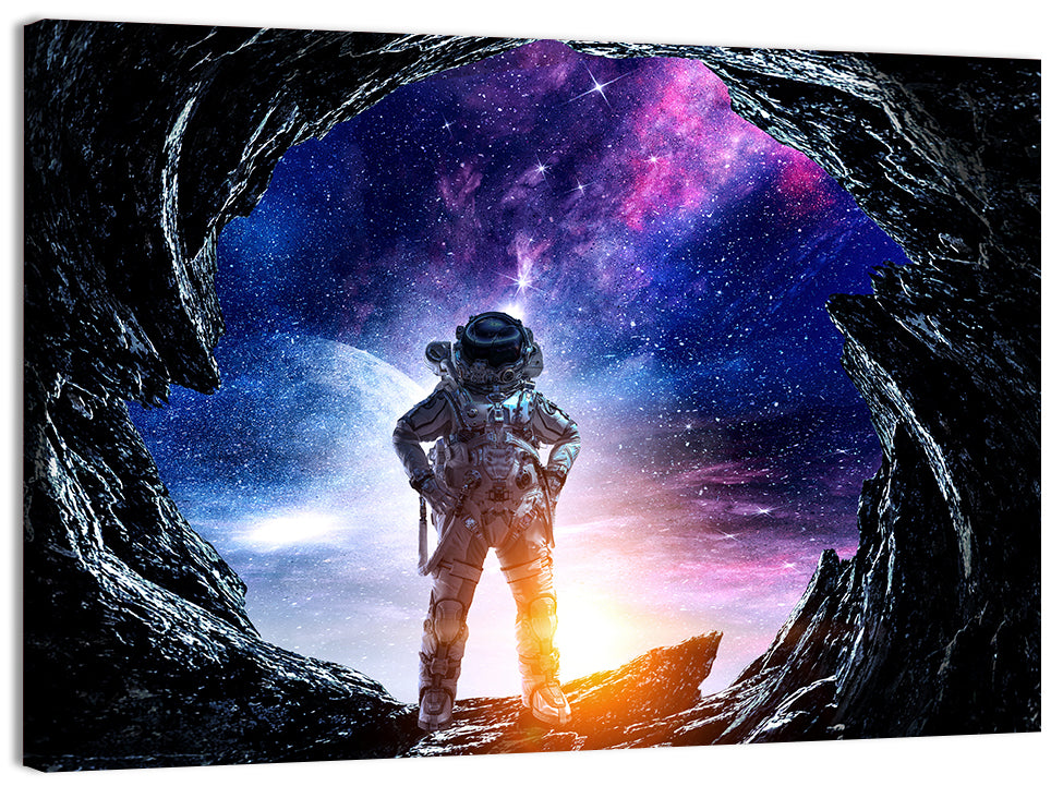 Astronaut at Alien Planet Cave Wall Art, canvas print, landscape