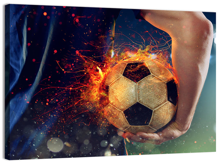 Fiery Soccer Ball and Blue Jersey Player Wall Art as a canvas print