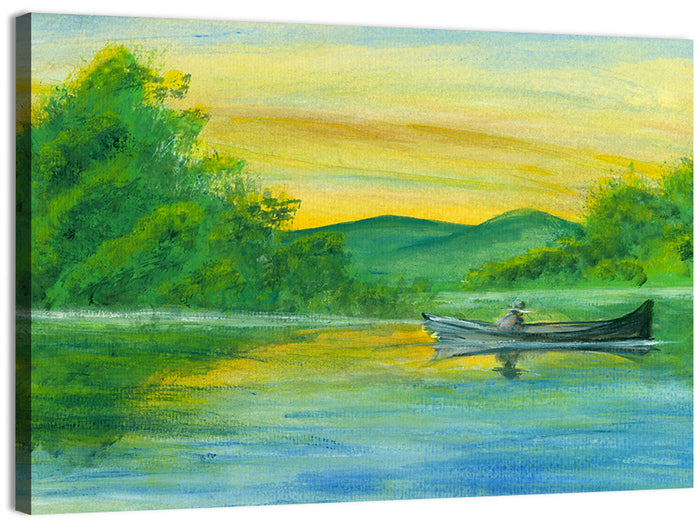 Rowboat on Serene Lake Watercolor Wall Art as a canvas print