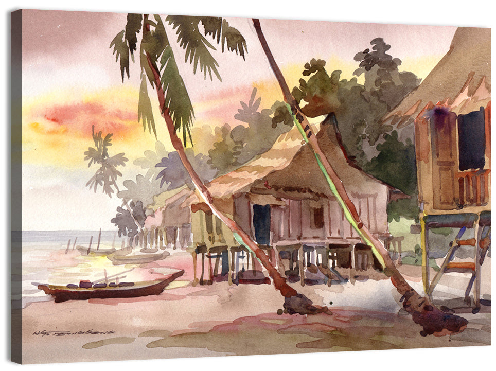 Malaysian Coastal Village at Sunset Wall Art, canvas print, landscape