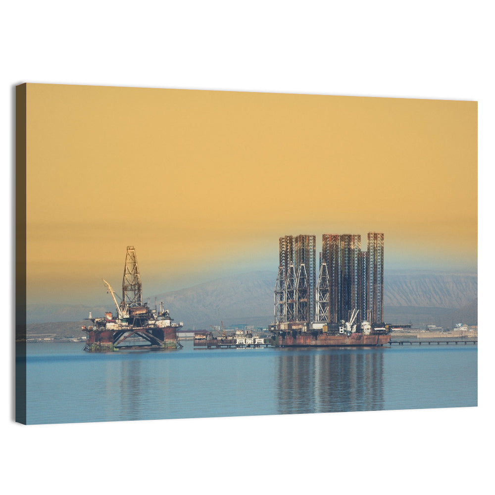 Baku Oil Rigs at Dusk Wall Art, canvas print, landscape
