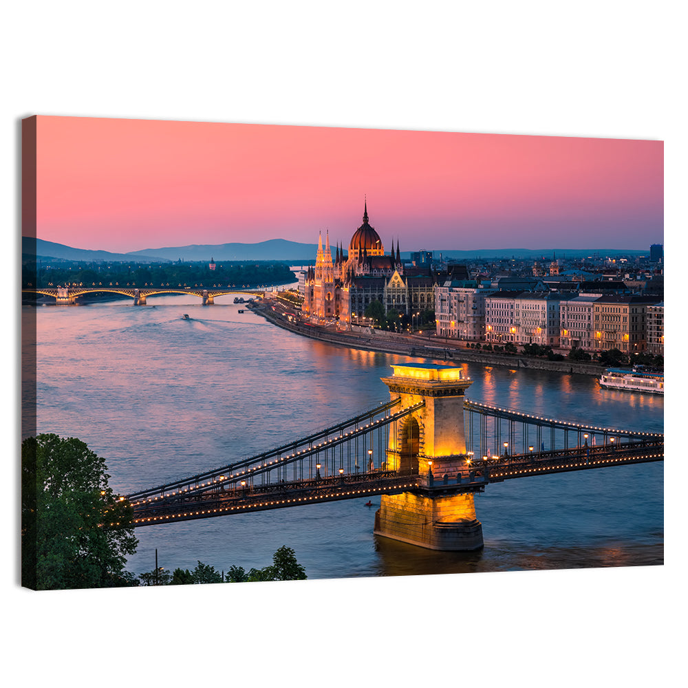 Budapest Chain Bridge at Twilight Wall Art, canvas print, landscape
