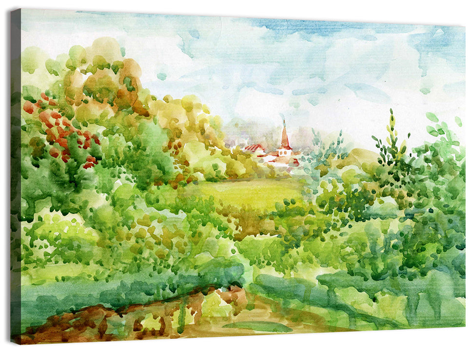 Red Steeple Village Watercolor Wall Art, canvas print, landscape