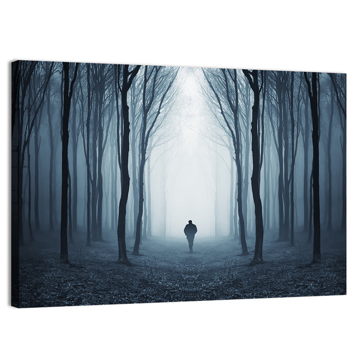 Lone Figure in Misty Forest Wall Art as a canvas print