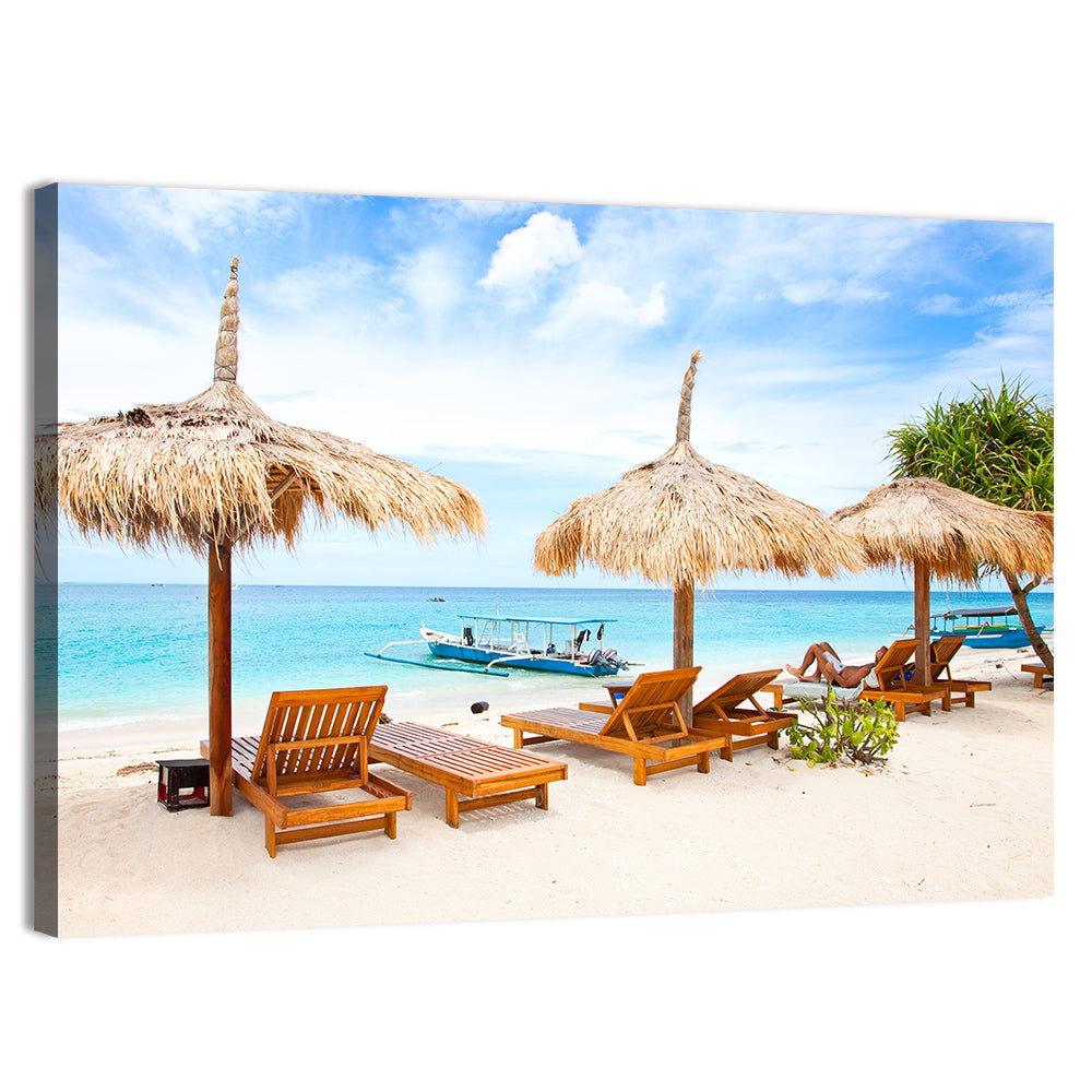 Gili Meno Beach with Thatched Umbrellas Wall Art, canvas print, landscape