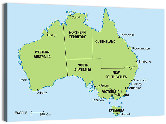 Minimalist Australia Map with State Labels Wall Art as a canvas print