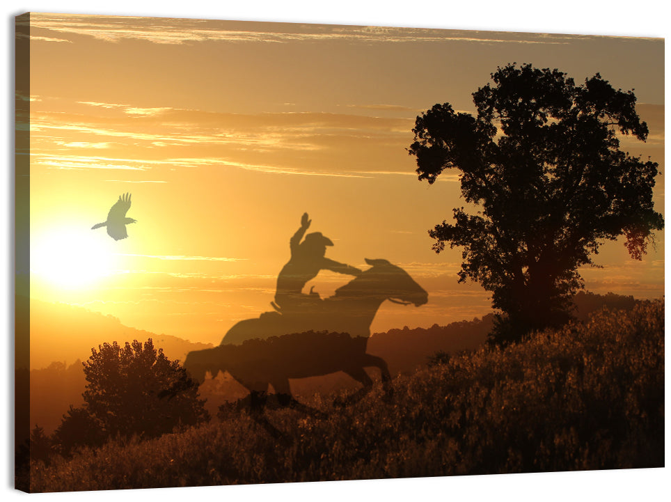 Cowboy Silhouette at Golden Sunset Wall Art