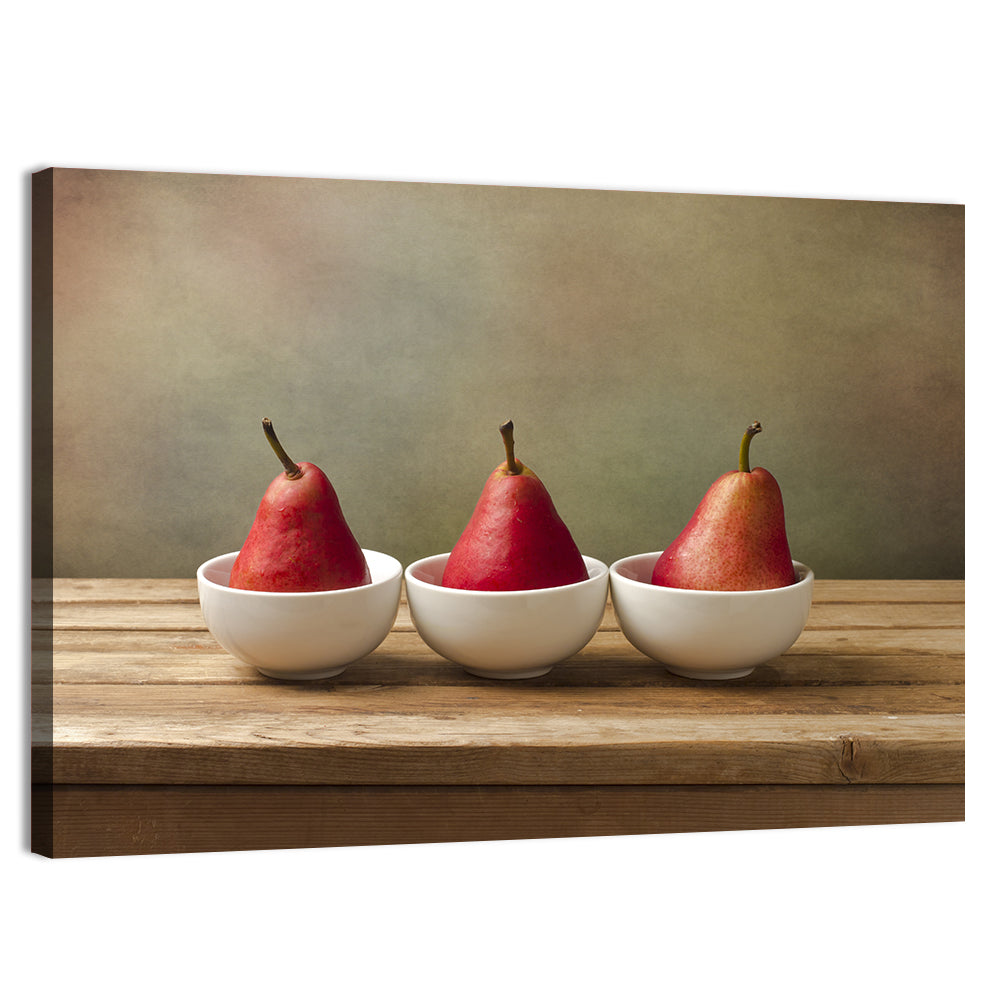 Three Red Pears in Bowls Wall Art, canvas print, landscape