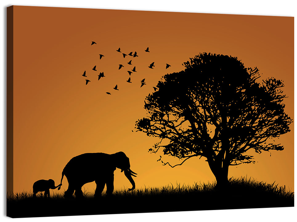 Elephant Family at Golden Sunset Wall Art
