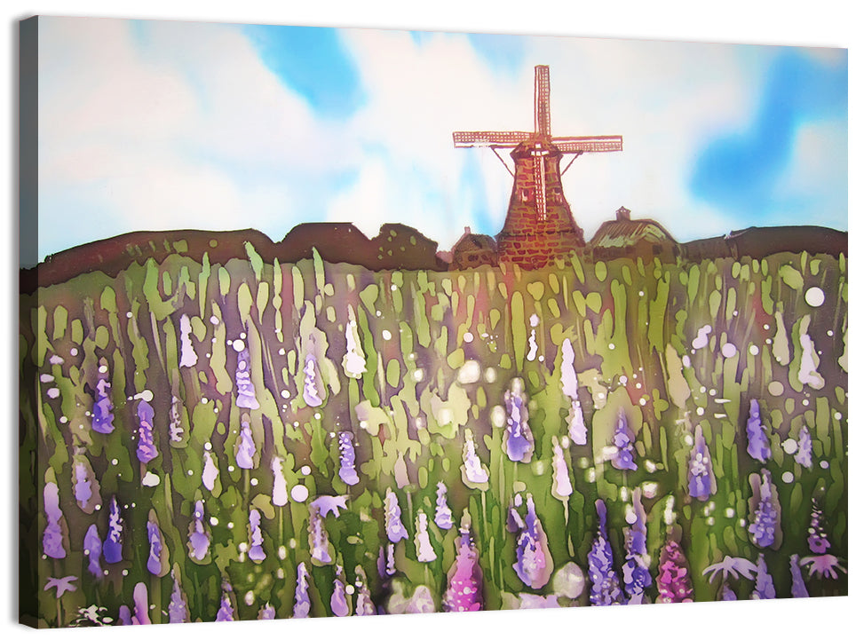 Ink Wash Windmill in Blooming Field Wall Art, canvas print, landscape