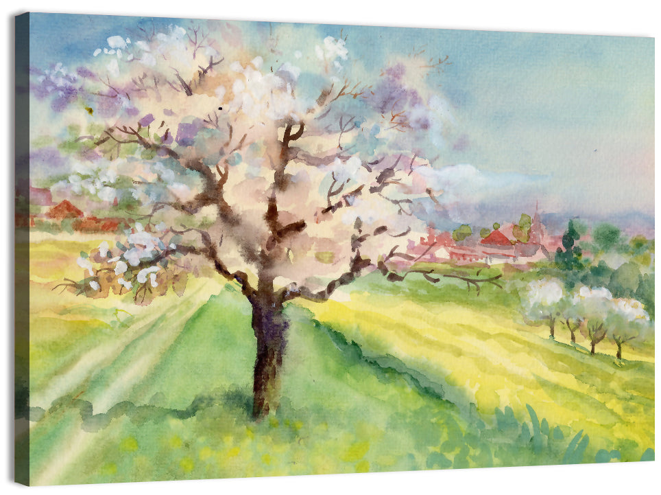 Spring Village Watercolor Wall Art, canvas print, landscape