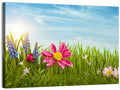 Pink Daisy and Blue Hyacinths in Spring Grass Wall Art