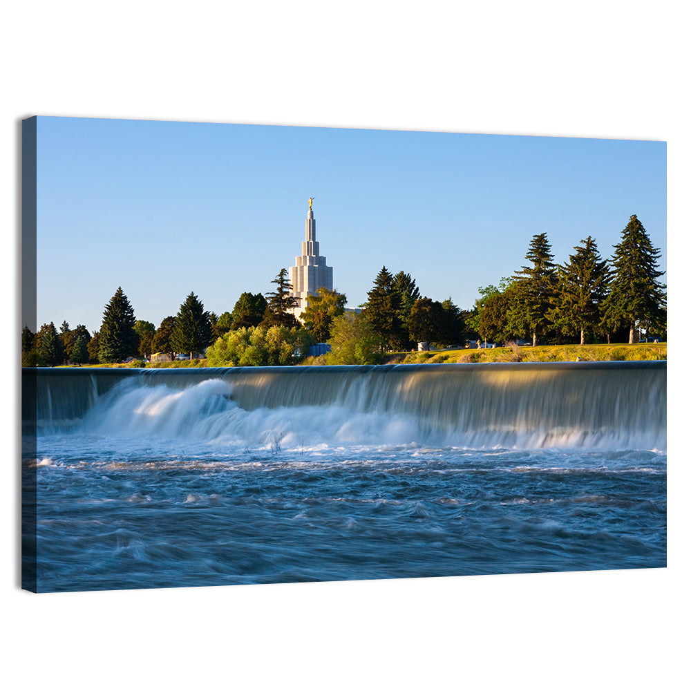 Idaho Falls Temple and Waterfall Wall Art, canvas print, landscape