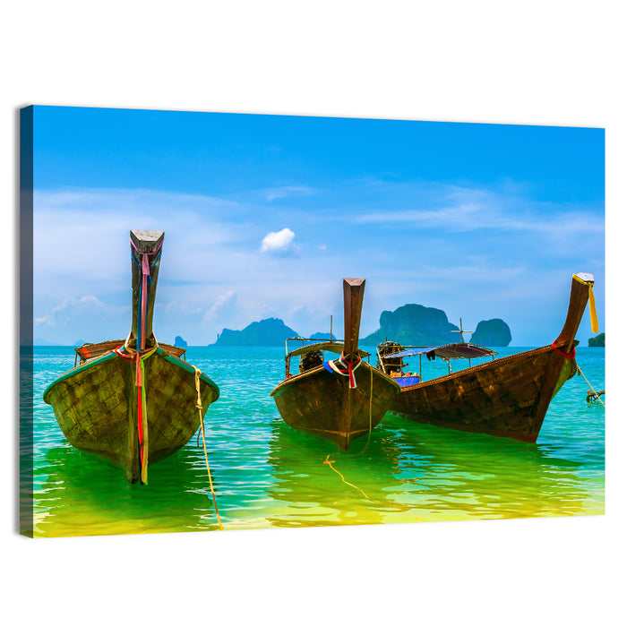 Three Long-tail Boats on Turquoise Water Wall Art as a canvas print