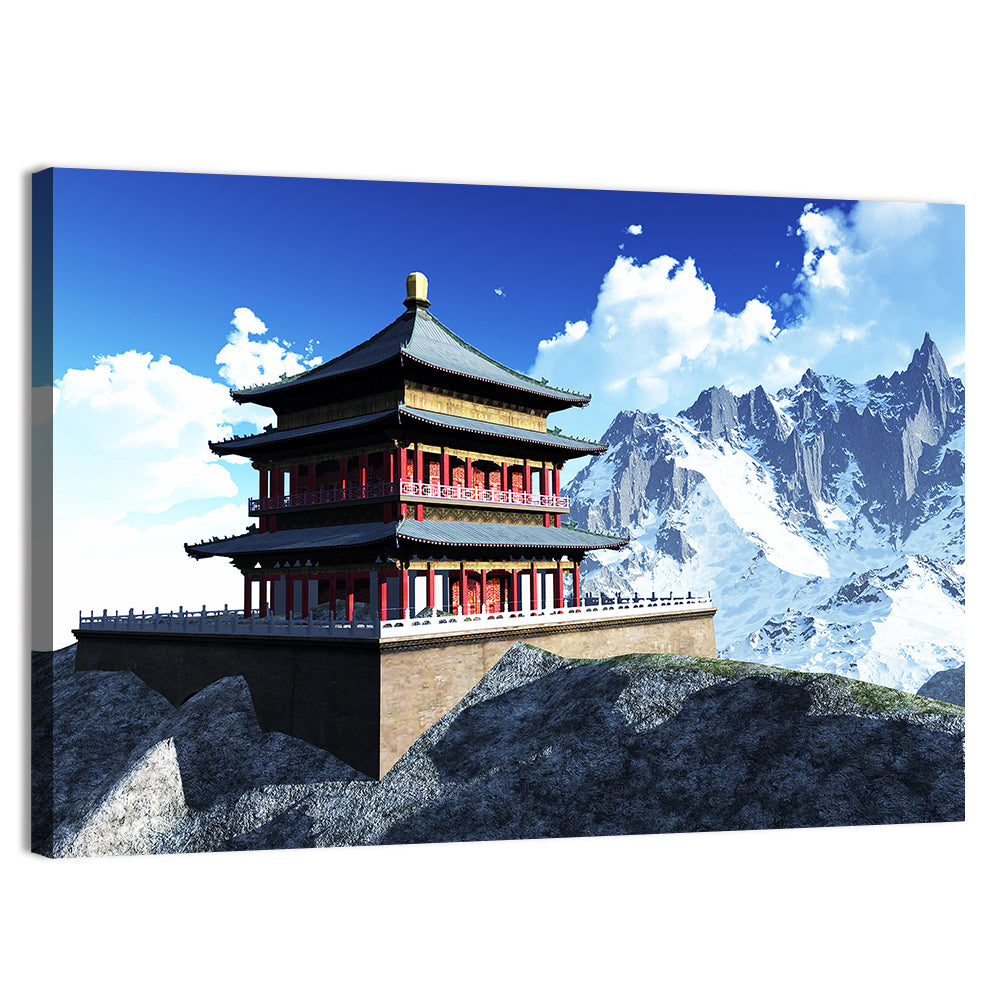 Sunlit Pagoda and Snow Peaks Wall Art, canvas print, landscape