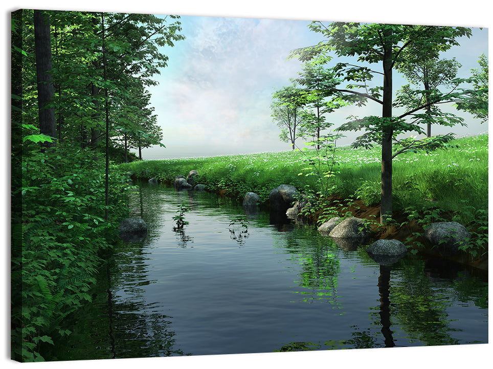 Tranquil Meadow Stream with Wildflowers Wall Art, canvas print, landscape