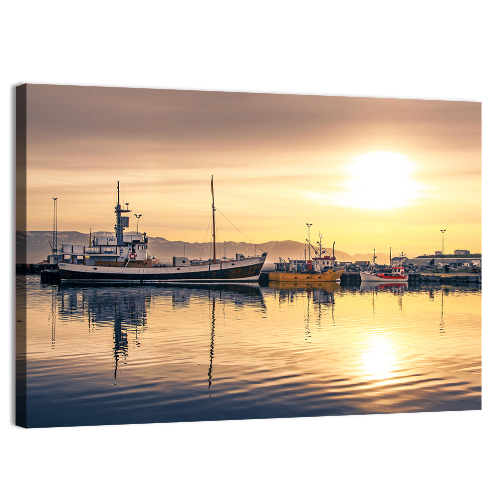 Husavik Harbor at Golden Hour Wall Art, canvas print, landscape