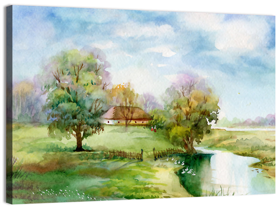 Spring Cottage by the Stream Wall Art, canvas print, landscape