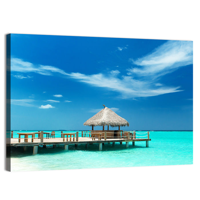 Thatched Beach Bar Pier Wall Art as a canvas print