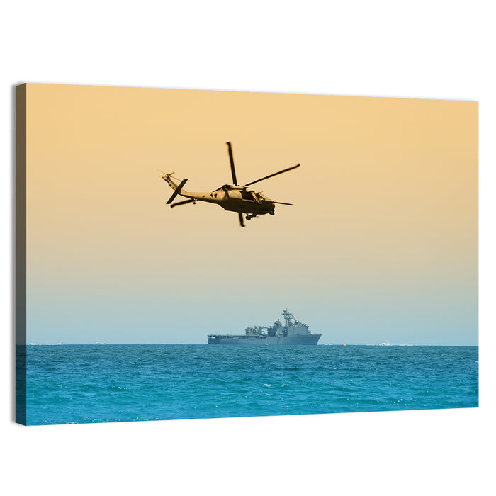 Helicopter Over Warship at Sea Wall Art as a canvas print