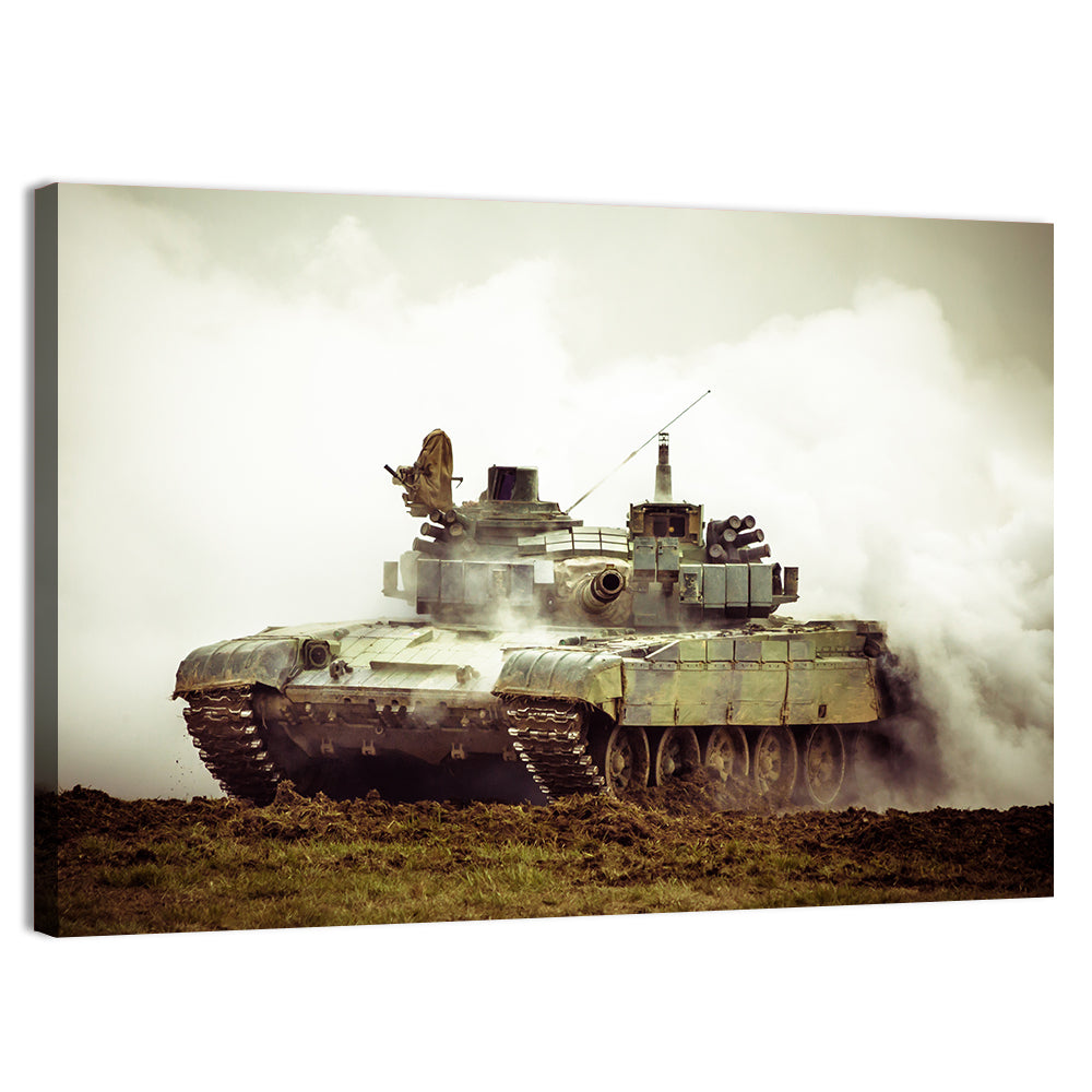 Camouflaged Battle Tank in Smoke Wall Art