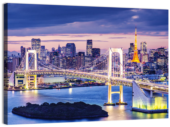 Rainbow Bridge and Tokyo Tower at Twilight Wall Art as a canvas print