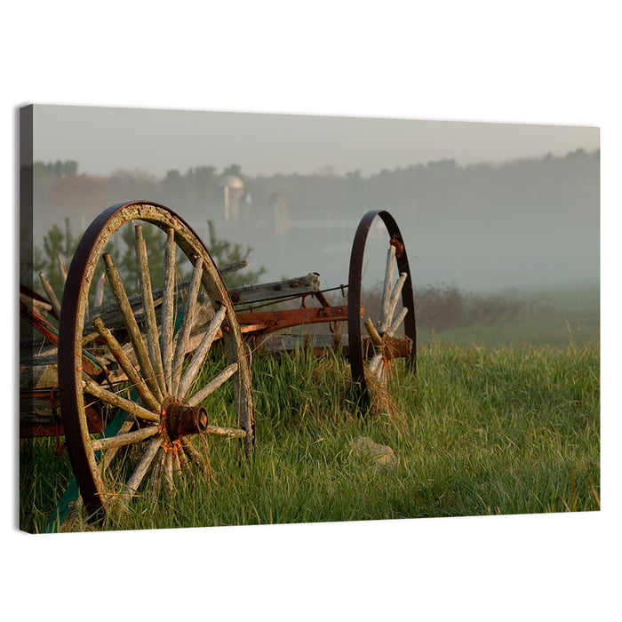 Weathered Wagon in Morning Mist Wall Art as a canvas print