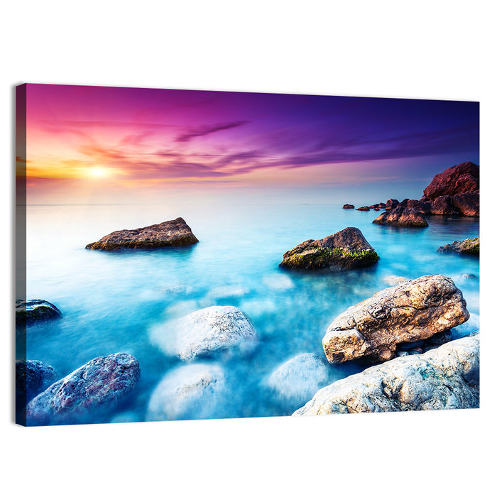 Rocky Beach Sunset Wall Art as a canvas print