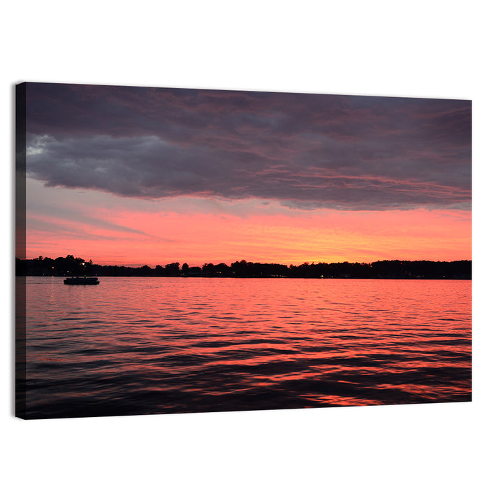Lake James Sunset with Boat Wall Art as a canvas print