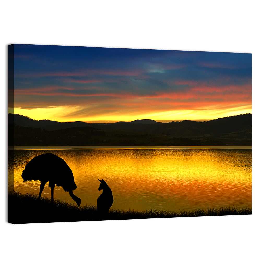 Kangaroo and Emu at Lake Sunset Wall Art, canvas print, landscape