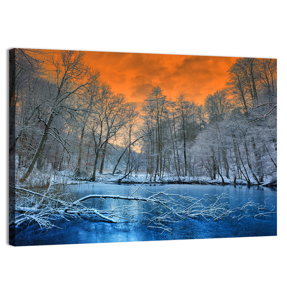 Sunset Over Winter Forest Lake Wall Art, canvas print, landscape
