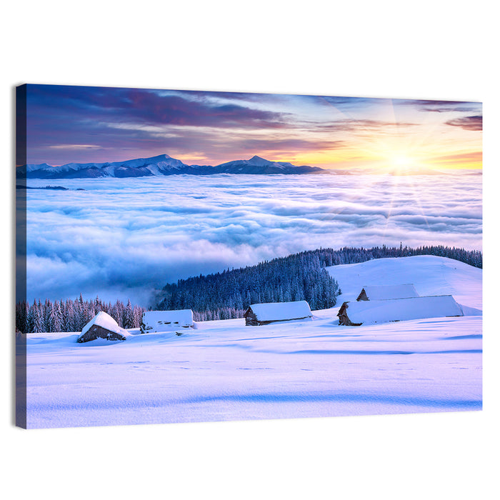 Snowy Cabins Above Clouds Wall Art as a canvas print