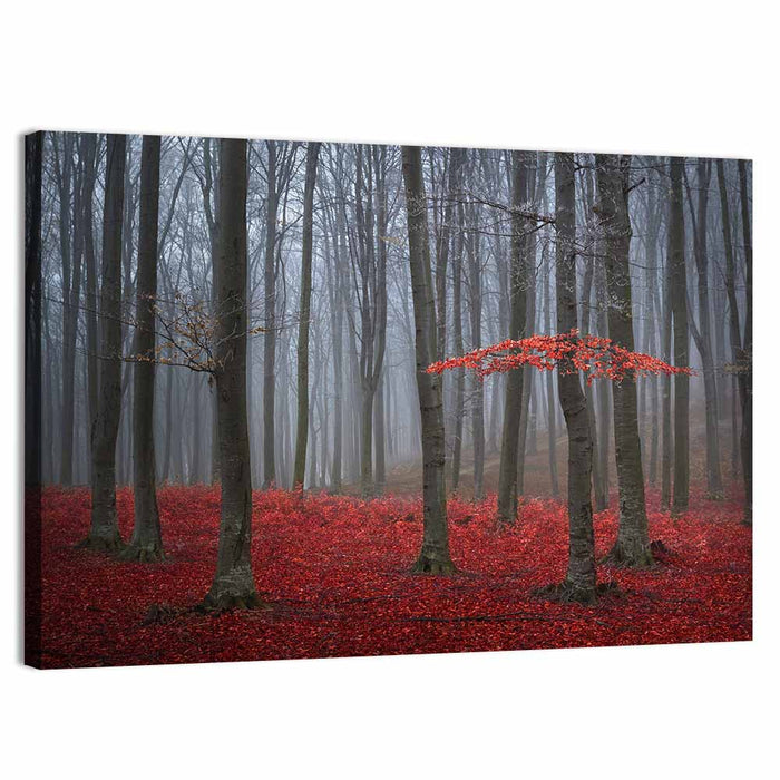 Red Foggy Autumn Forest Wall Art as a canvas print
