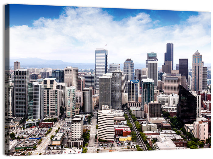 Aerial Seattle Skyline Cityscape Wall Art as a canvas print