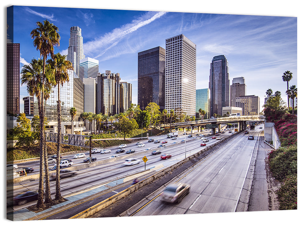 Los Angeles Freeway to Downtown Skyline Wall Art, canvas print, landscape