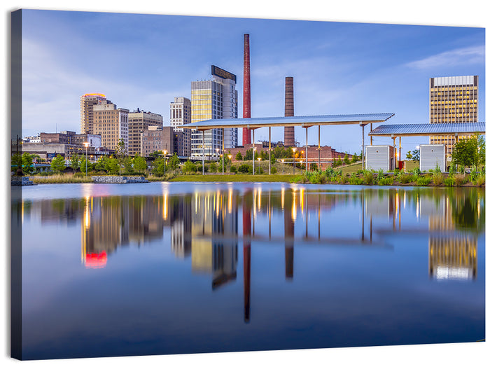 Birmingham Skyline Reflection at Twilight Wall Art as a canvas print