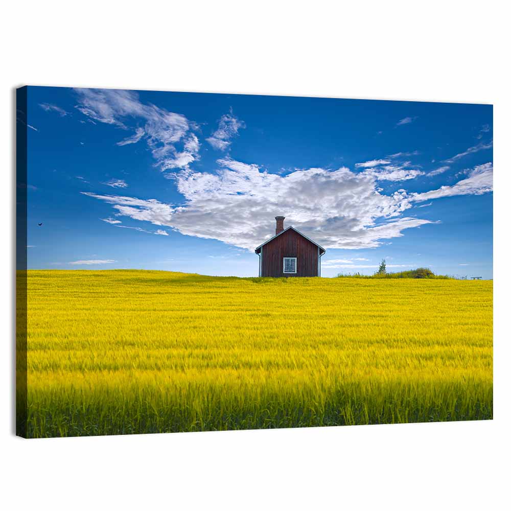Red Barn in Golden Wheat Field Wall Art, canvas print, landscape