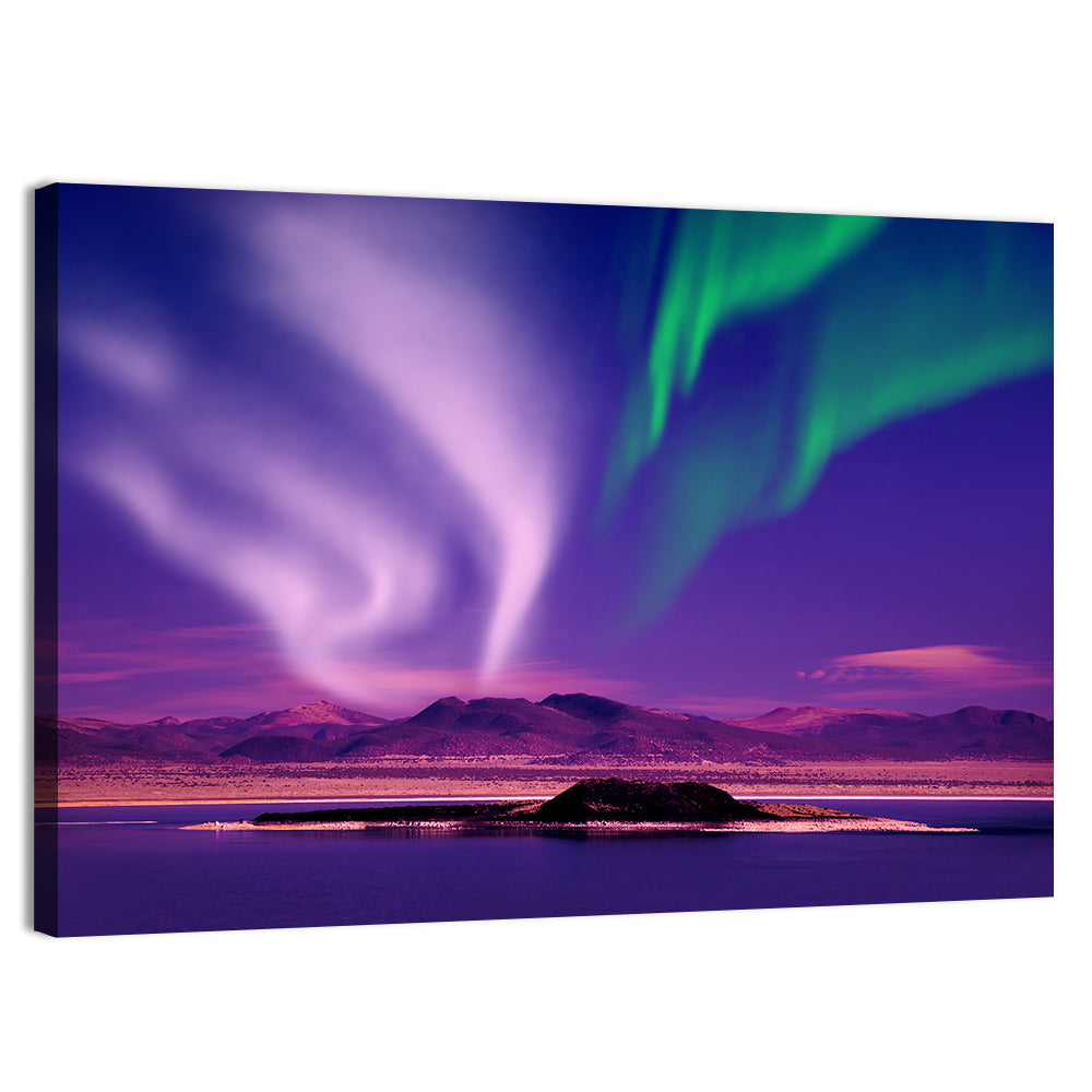 Violet Aurora Over Island Lake Wall Art, canvas print, landscape