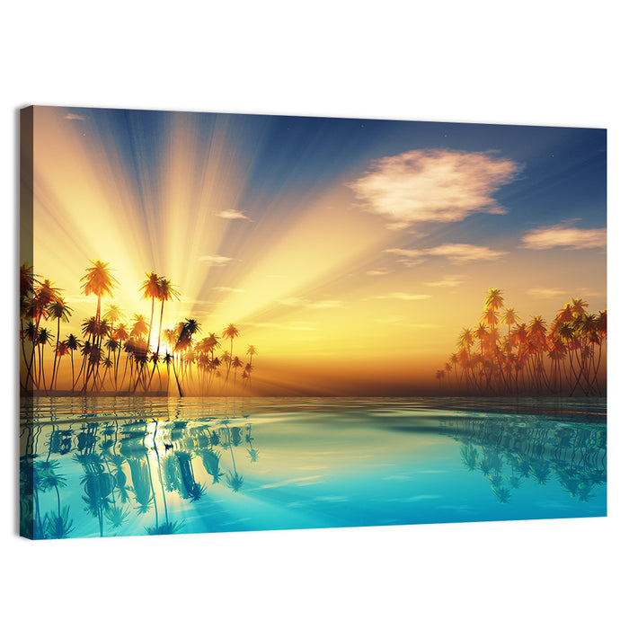 Turquoise Sunset Over Palm Island Wall Art as a canvas print
