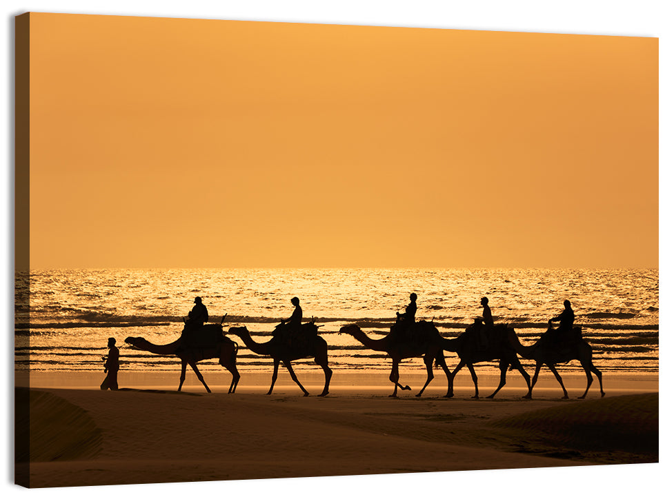 Camel Caravan Silhouette on Wet Sand Wall Art, canvas print, landscape