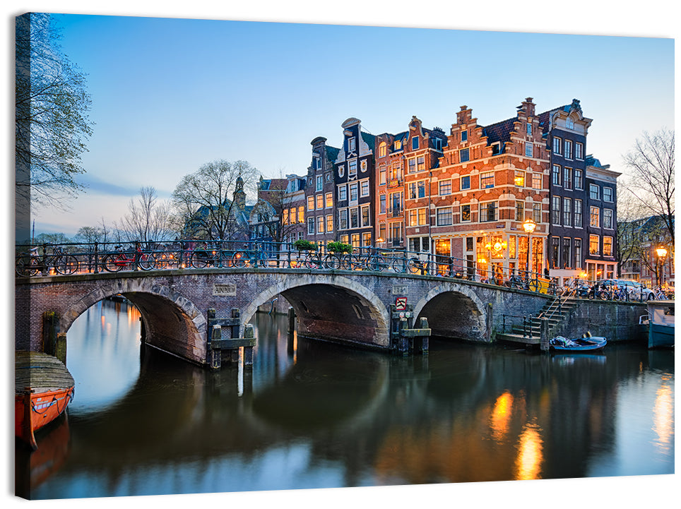 Brouwersgracht Canal Bridge at Dusk Wall Art, canvas print, landscape
