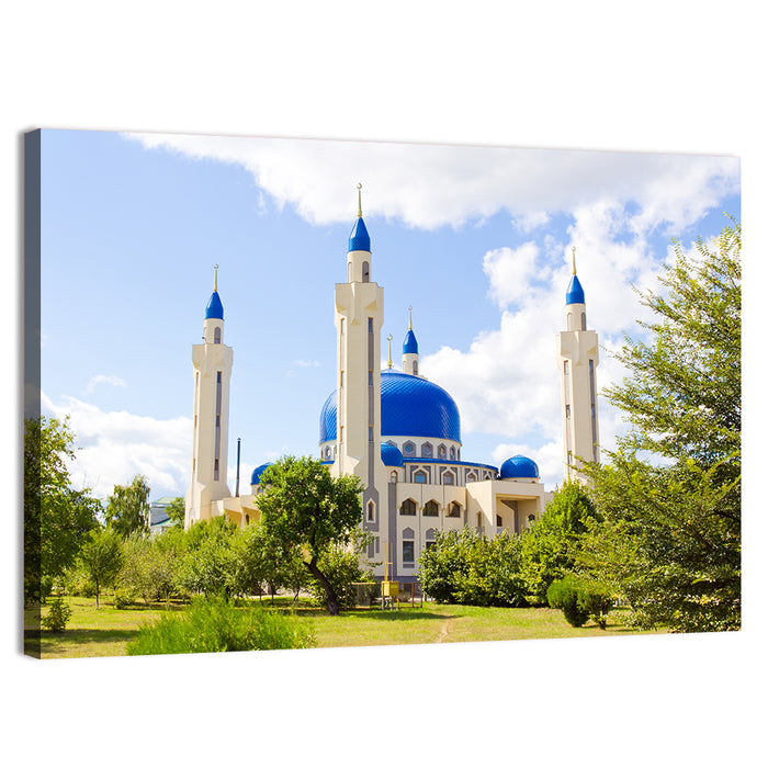 Blue Domed Mosque with Golden Minarets Wall Art as a canvas print