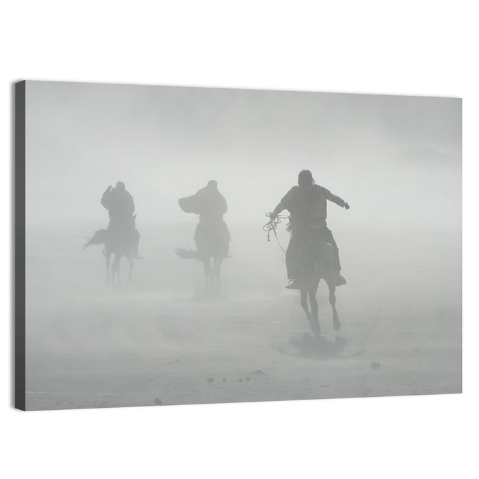 Silhouetted Horse Riders in Mist Wall Art as a canvas print
