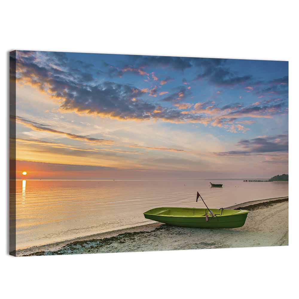 Green Rowboat at Sunrise Wall Art, canvas print, landscape