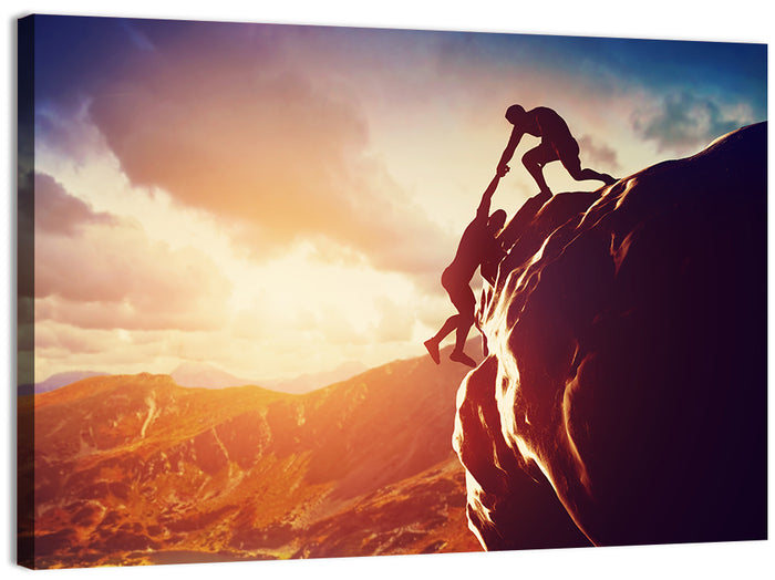Two Hikers Summit Assist at Sunset Wall Art as a canvas print