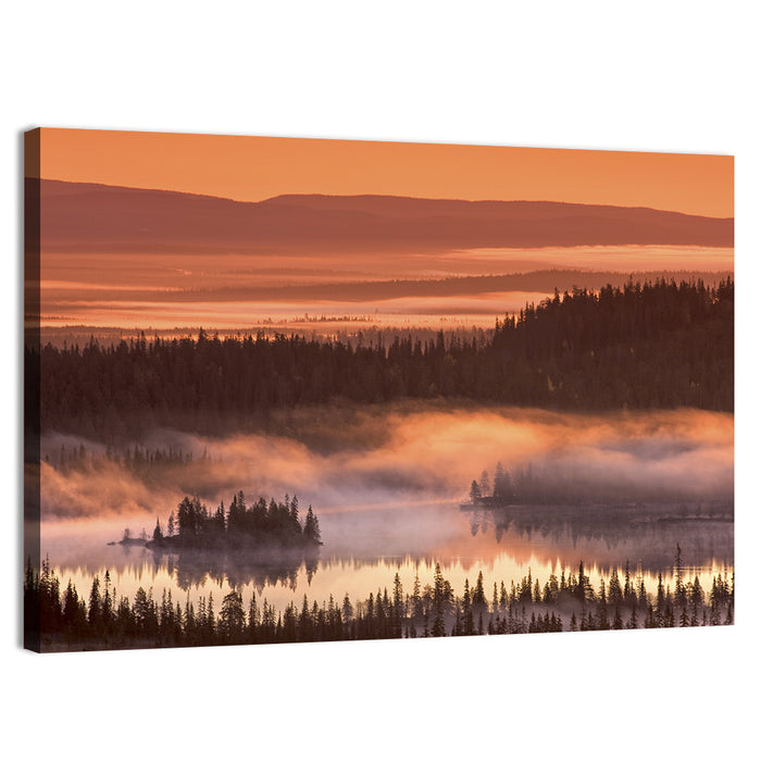Lapland Sunrise Over Misty Lake Wall Art as a canvas print