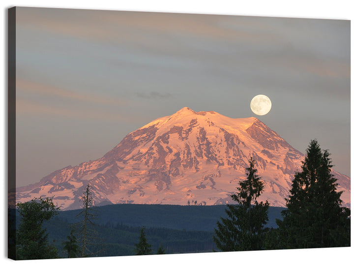 Mount Rainier Alpenglow with Full Moon Wall Art