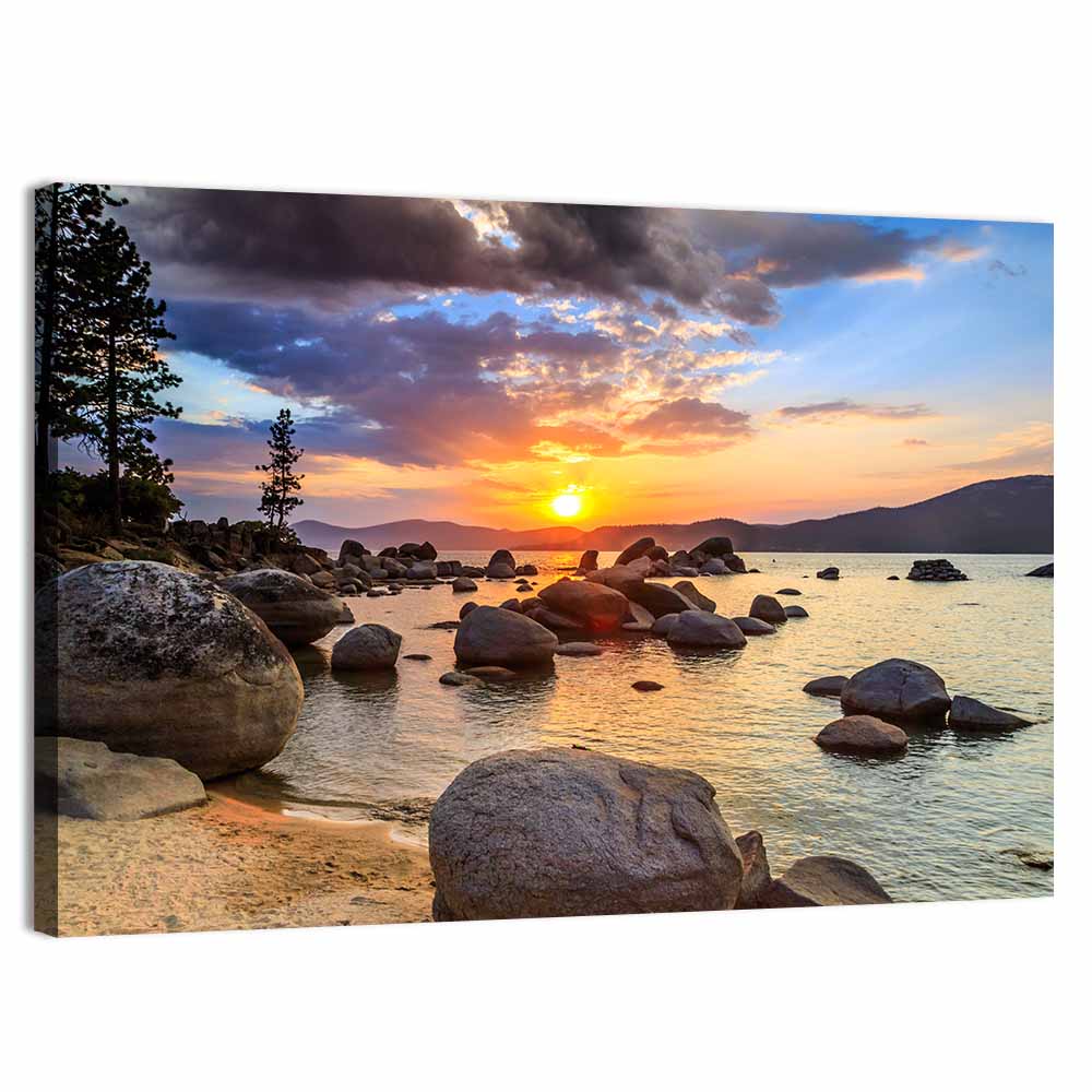 Lake Tahoe Sunset with Boulders Wall Art, canvas print, landscape