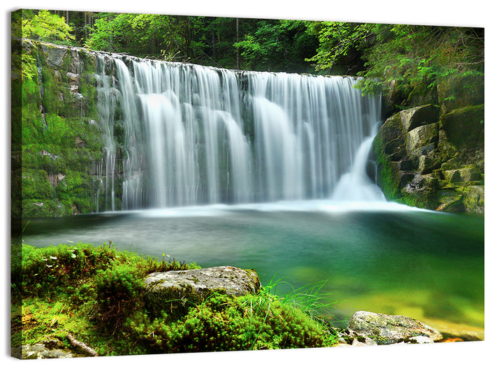 Emerald Forest Waterfall with Mossy Stones Wall Art as a canvas print
